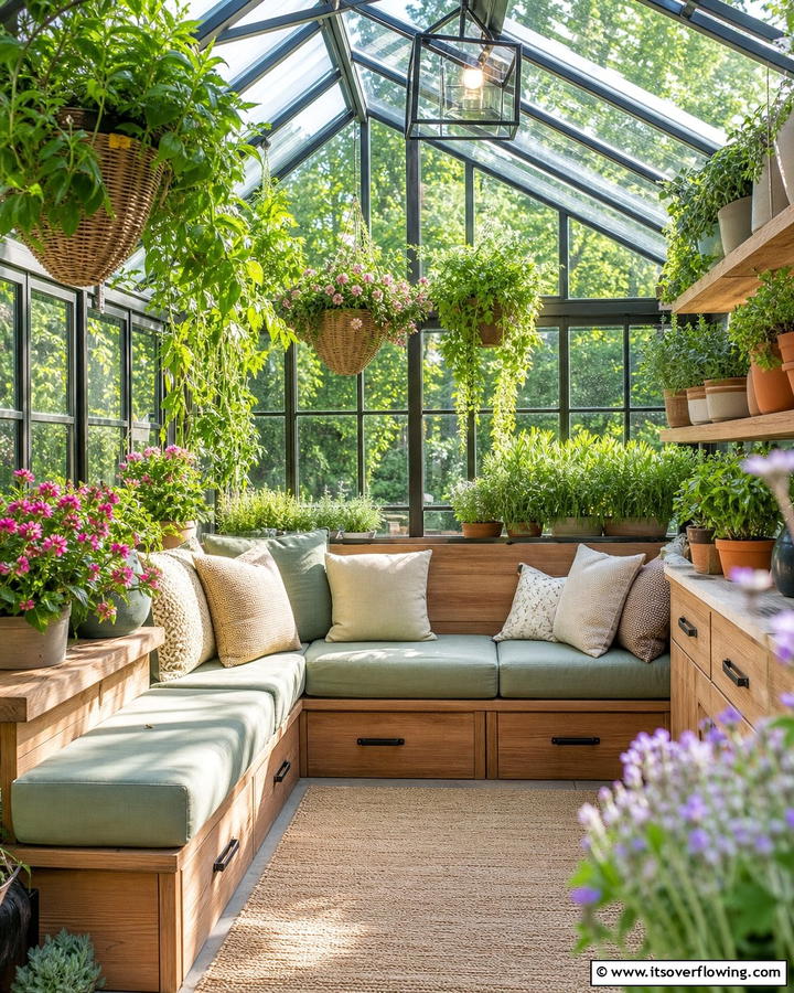 Built In Seating Area - 20 Innovative Corner Greenhouse Ideas for Gardeners