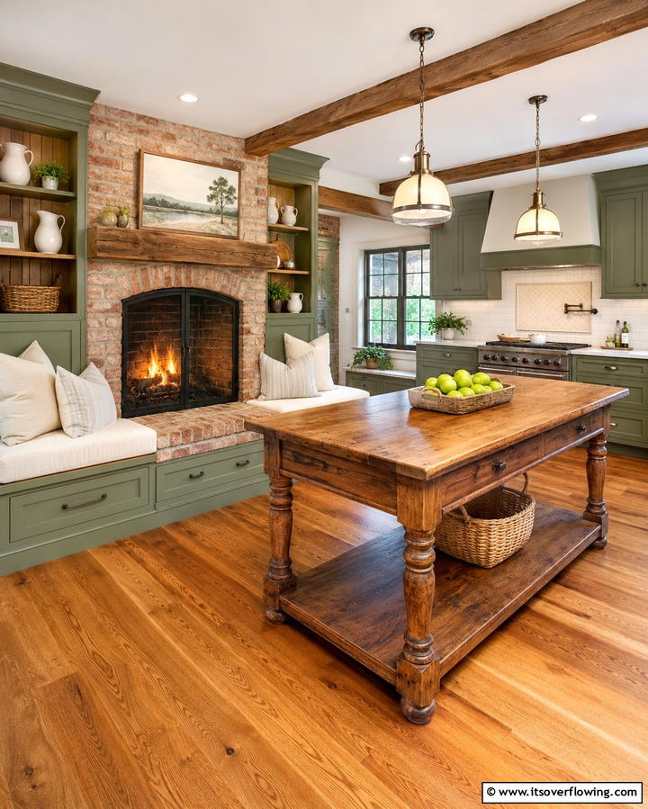 Built In Seating Around the Fireplace - 25 Kitchens With Fireplaces for a Unique Cooking Space