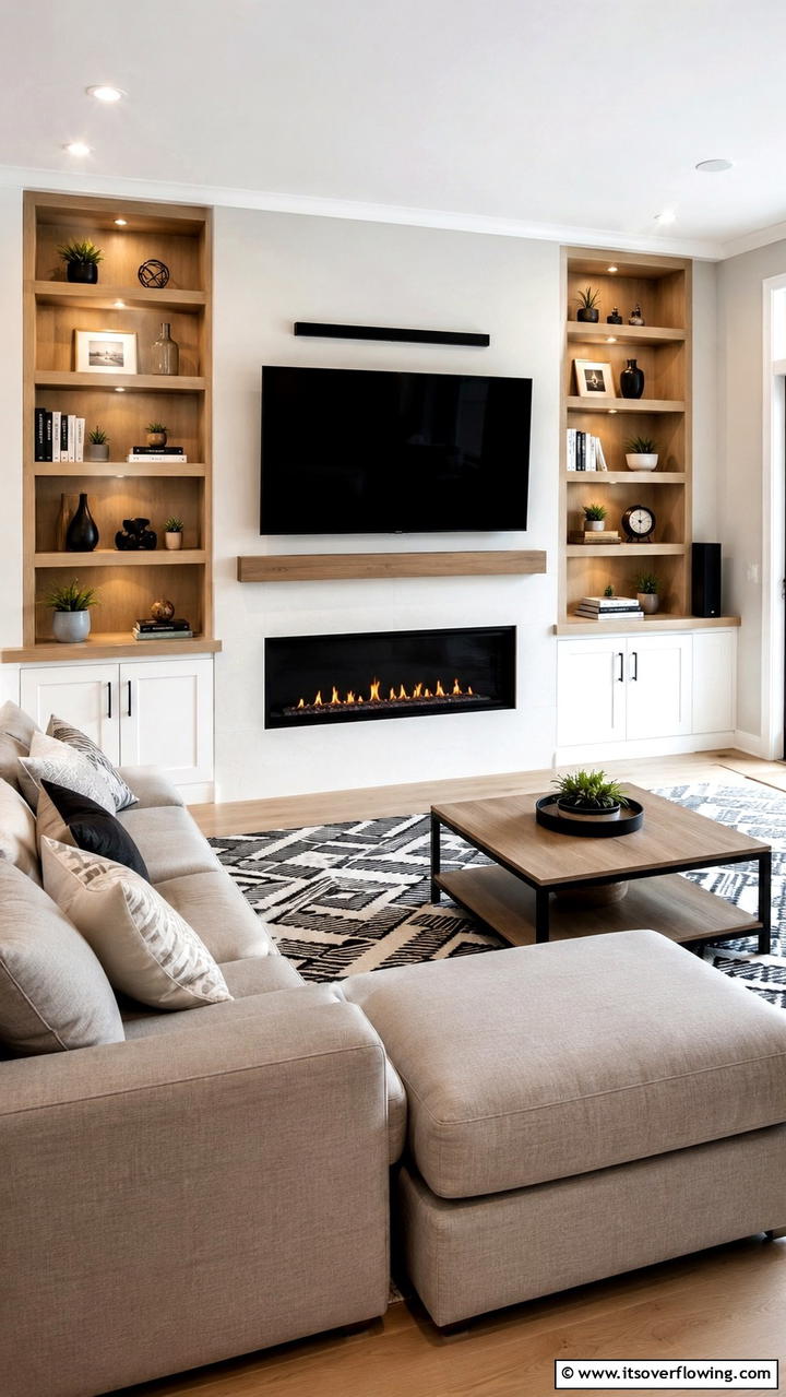 Built In Shelf Integration - 21 Stylish TV Over Fireplace Ideas for Modern Living Rooms