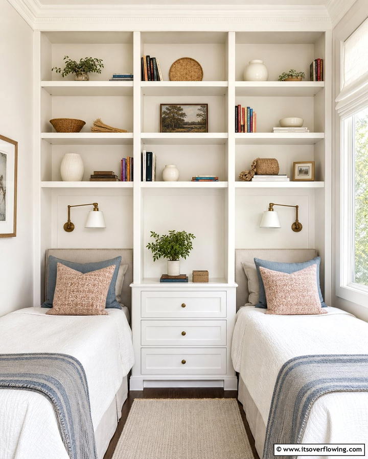 Built In Shelves for Display and Storage - 25 Twin Bedroom Ideas for Shared Spaces
