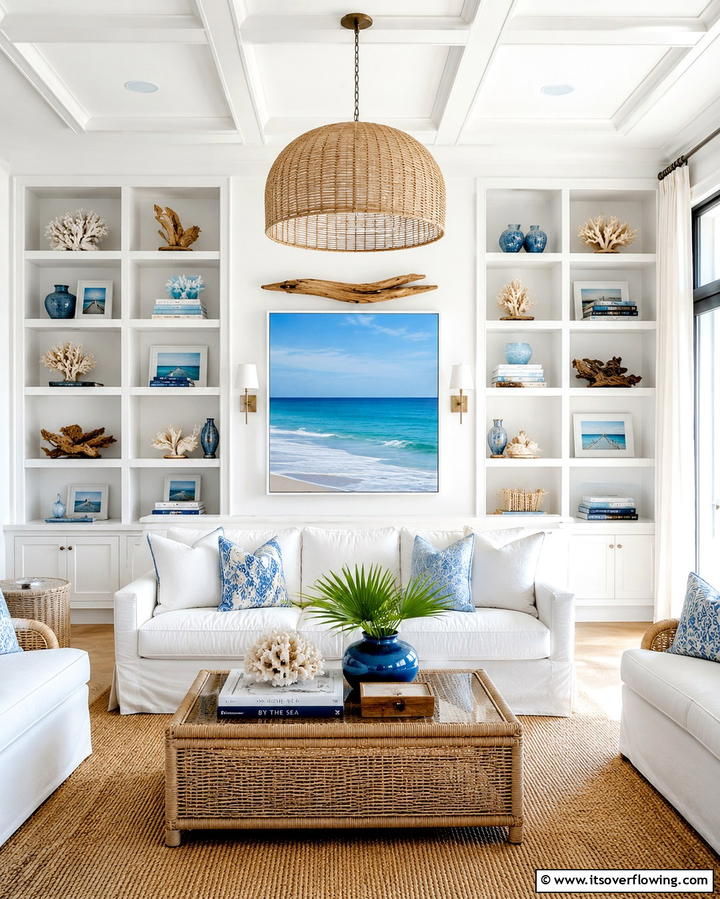 Built In Shelving - 25 Beach House Living Room Ideas for a Coastal Vibe