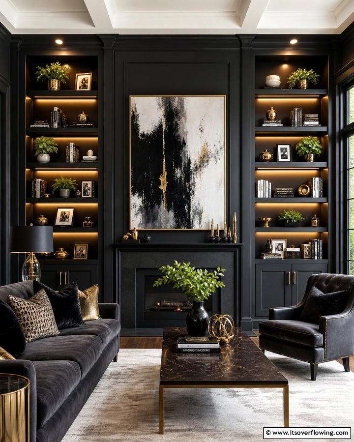 Built In Shelving - 25 Dark Living Room Ideas for a Moody and Chic Space
