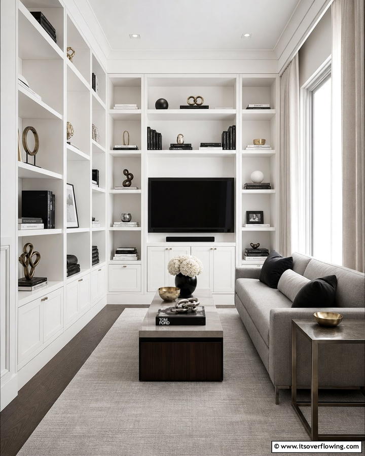 Built In Shelving Around the TV - 25 Small Living Room Ideas With TV for Cozy Nights