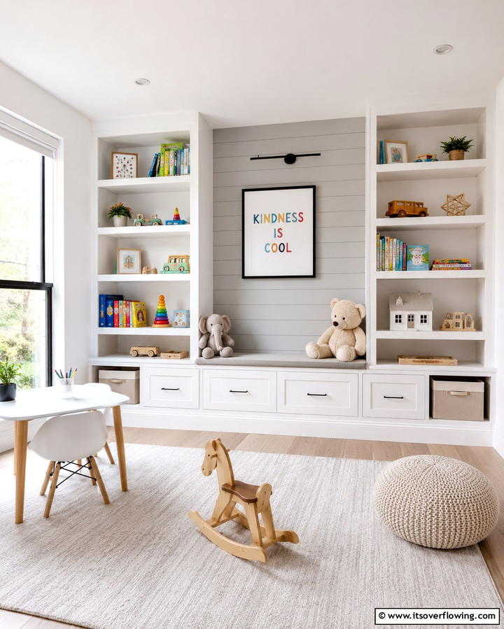 Built In Shelving Units - 25 Playroom Storage Ideas to Keep Your Kids’ Space Organized