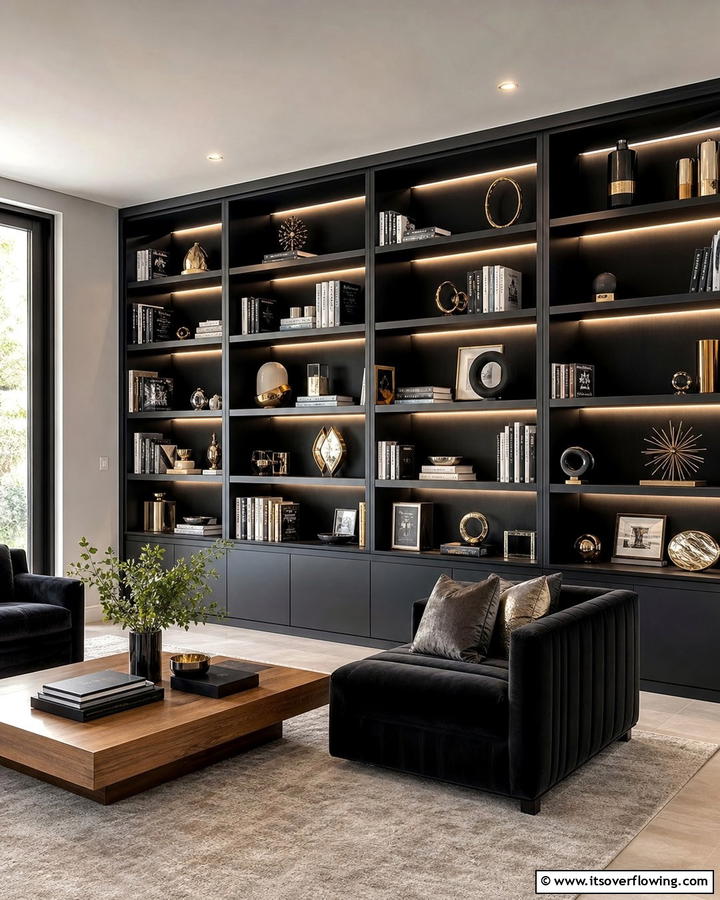 Built In Shelving Units - 20 Moody Living Room Ideas for a Dramatic Atmosphere