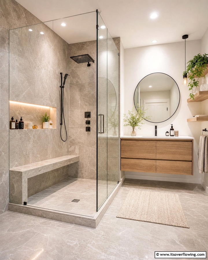 Built In Shower Benches for Convenience - 25 Cozy Bathroom Ideas for a Relaxing Space