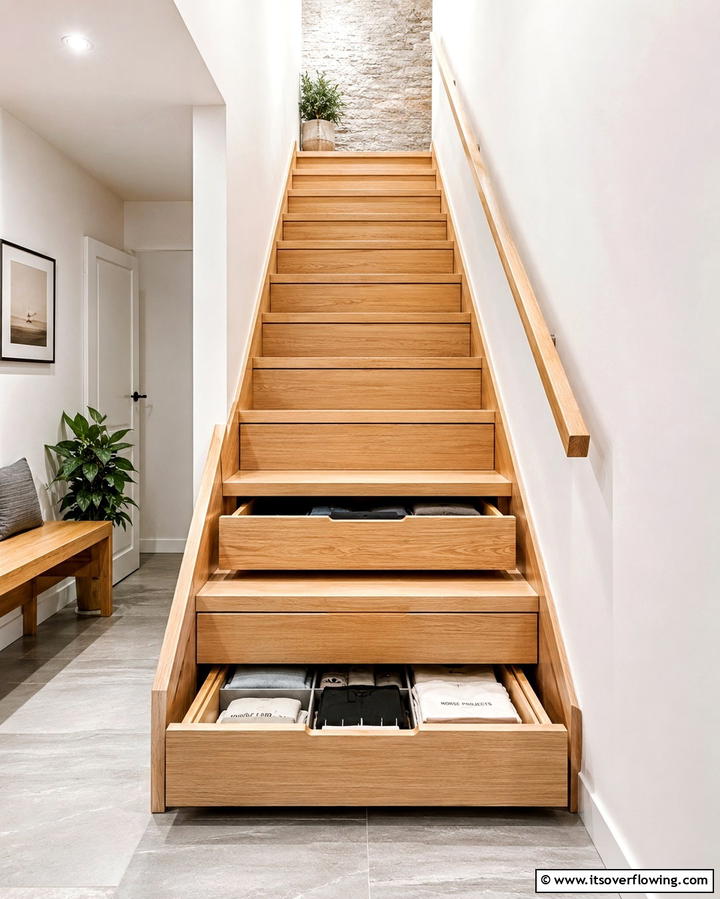 Built In Stair Drawers for Hidden Storage - 25 Basement Stair Ideas to Transform Your Space