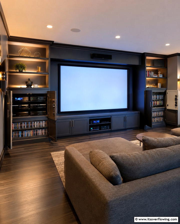 Built In Storage for Equipment Organization - 25 Basement Home Theater Ideas for Movie Nights