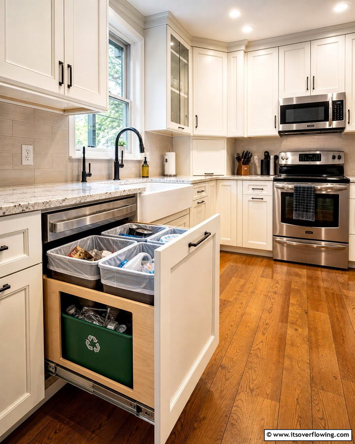 Built In Trash and Recycling Bins - 25 Practical Dirty Kitchen Ideas for Efficient Cooking Spaces