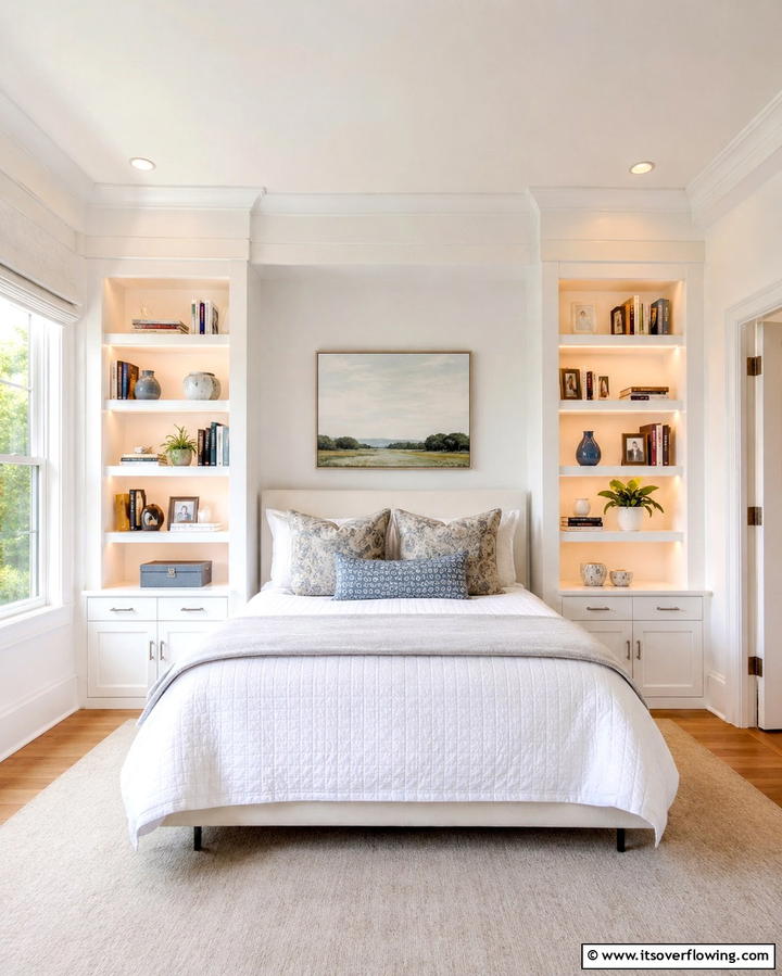 Built In White Shelving for a Streamlined Look - 20 Bright Small White Bedroom Design Ideas