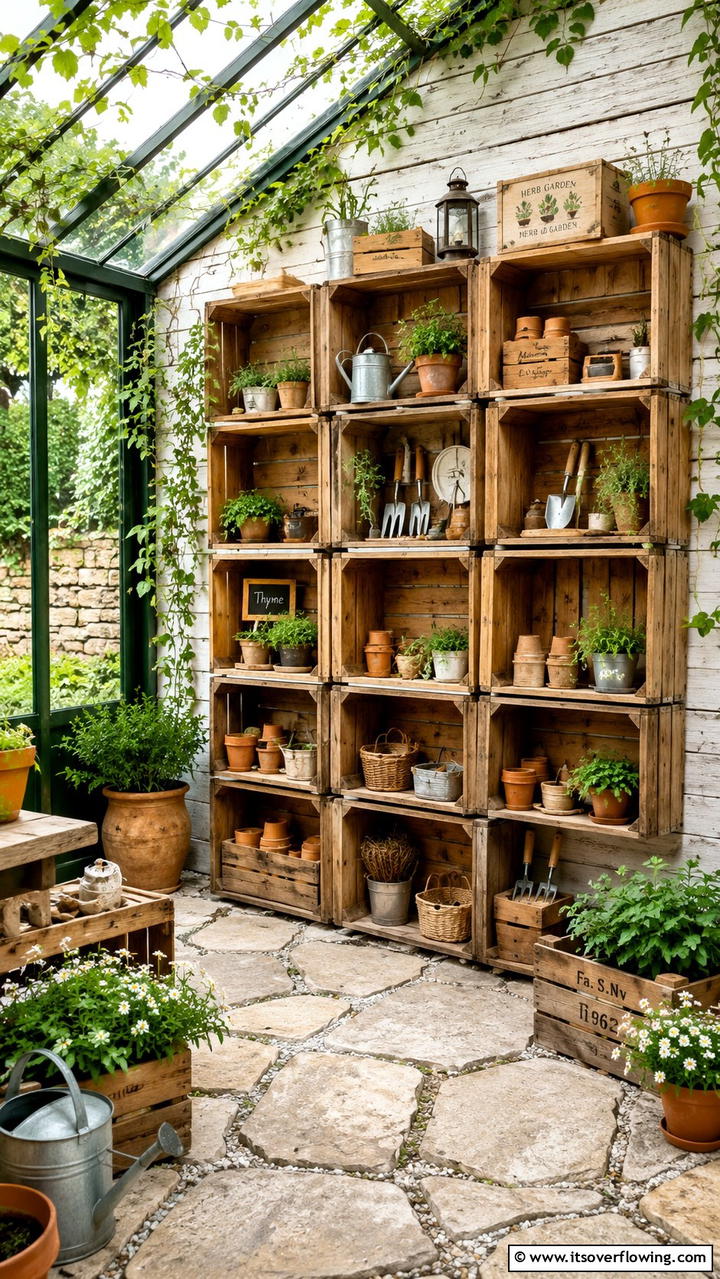 Built In Wooden Crate Shelves - 30 Greenhouse Shelving Ideas- Organized Plant Storage
