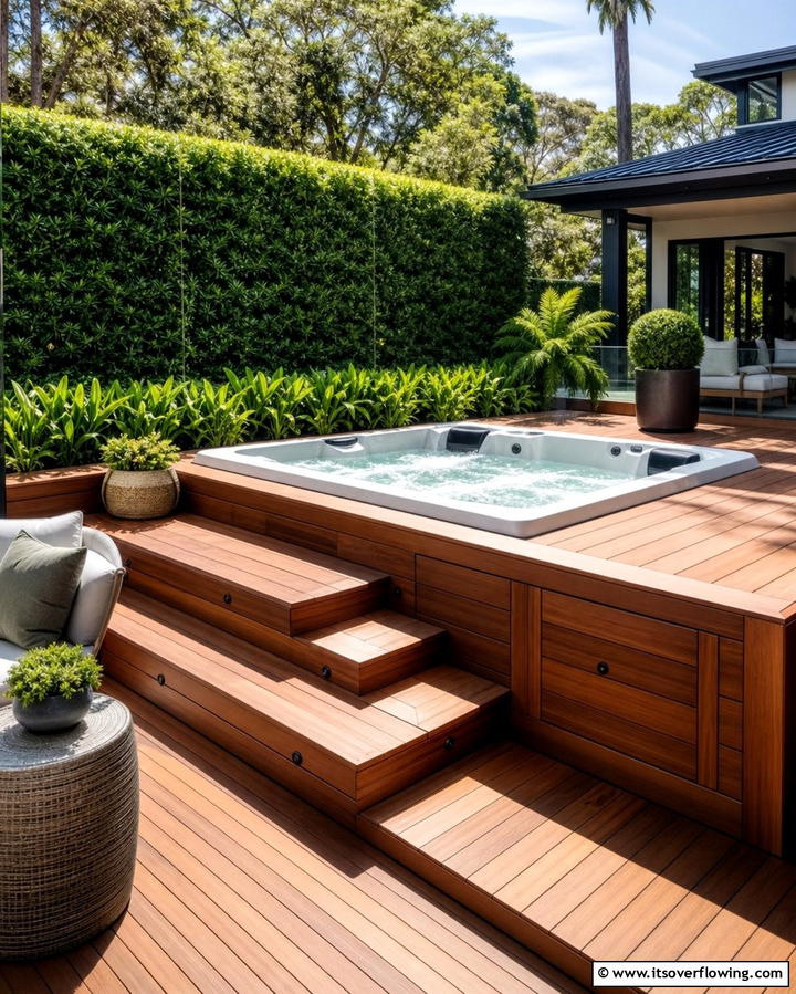 Built In Wooden Deck - 25 Relaxing Hot Tub Decor Ideas for Your Backyard