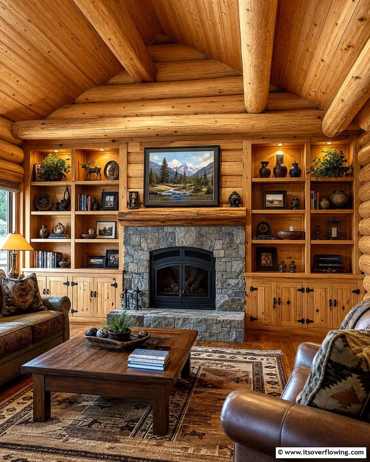 Built In Wooden Shelving - 25 Log Cabin Interior Design Ideas for Cozy Living