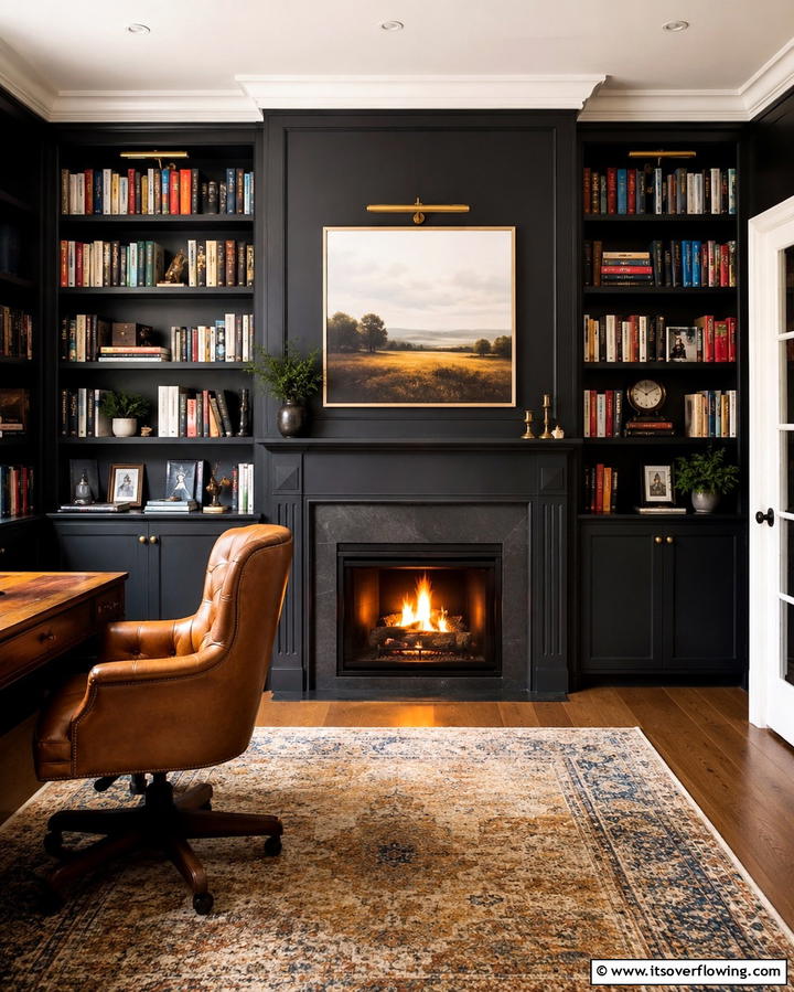Built in Bookshelf and Fireplace - 25 Home Office With Fireplace Ideas for Cozy Workspaces