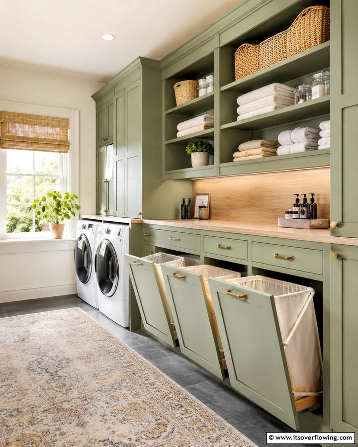 Built in Laundry Hampers with Storage Shelves - 30 Laundry Room Shelf Ideas- Maximize Storage & Efficiency