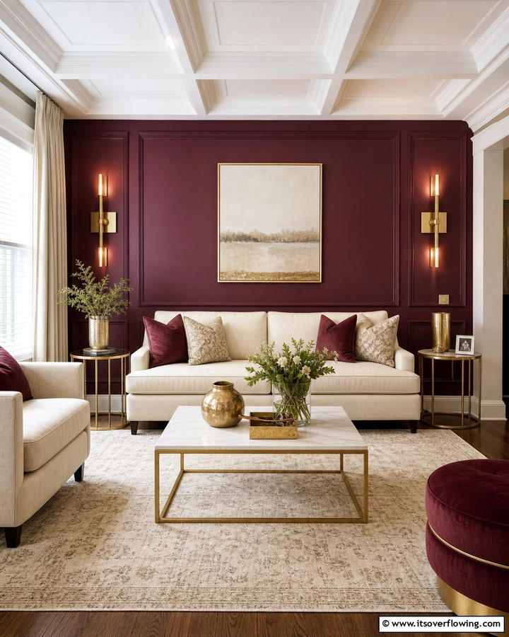 Burgundy Accent WallOne - 25 Burgundy Living Room Ideas for a Rich and Cozy Look