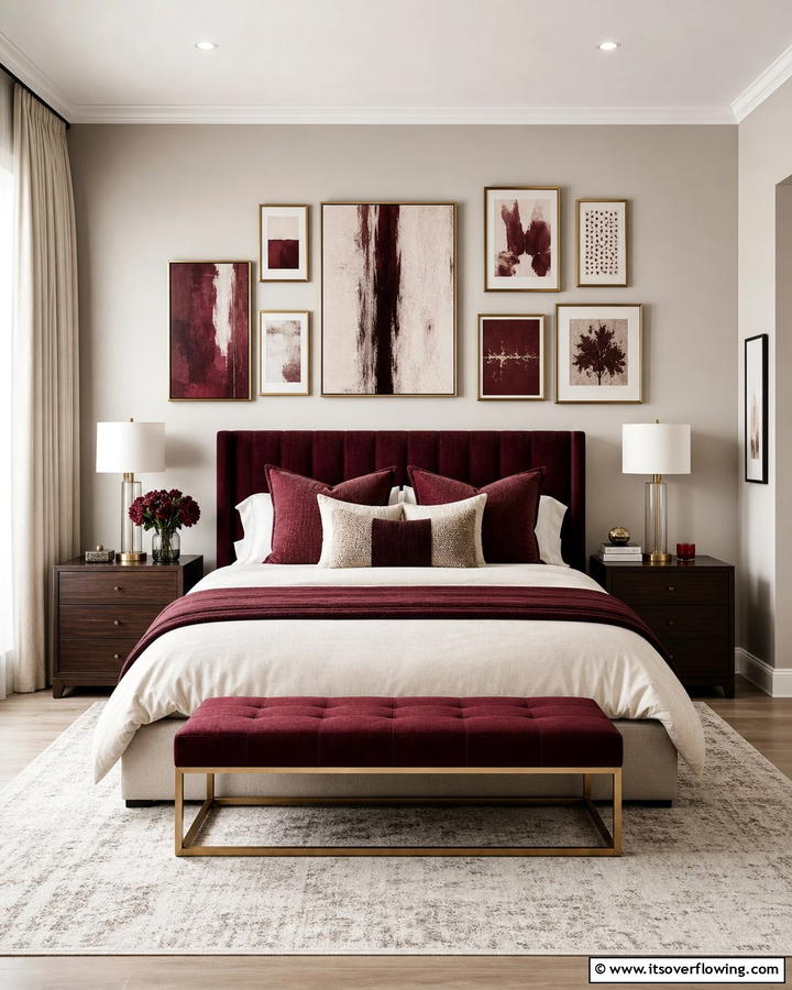 Burgundy Artwork Displays - 20 Luxurious Burgundy Bedroom Ideas for a Cozy Retreat