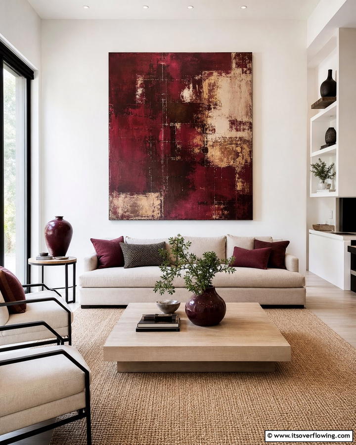 Burgundy Artwork as a Focal Point - 25 Burgundy Living Room Ideas for a Rich and Cozy Look