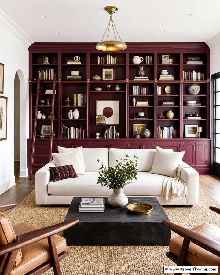 Burgundy Bookcase or Shelving - 25 Burgundy Living Room Ideas for a Rich and Cozy Look