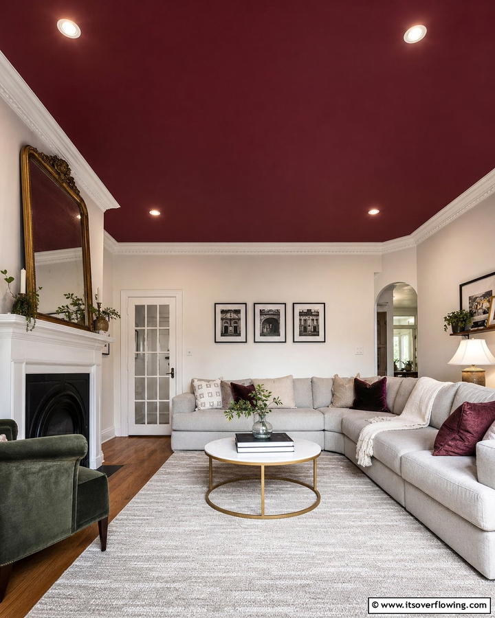 Burgundy Ceiling - 25 Burgundy Living Room Ideas for a Rich and Cozy Look