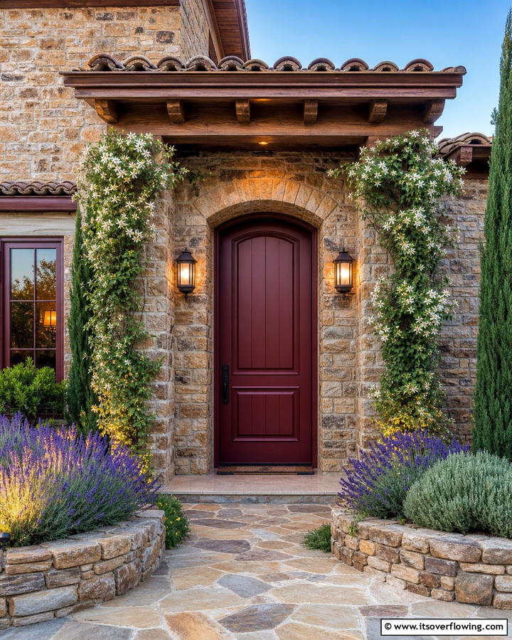 Burgundy Door Framed by Stonework - 20 Elegant Burgundy Front Door Ideas for Your Home