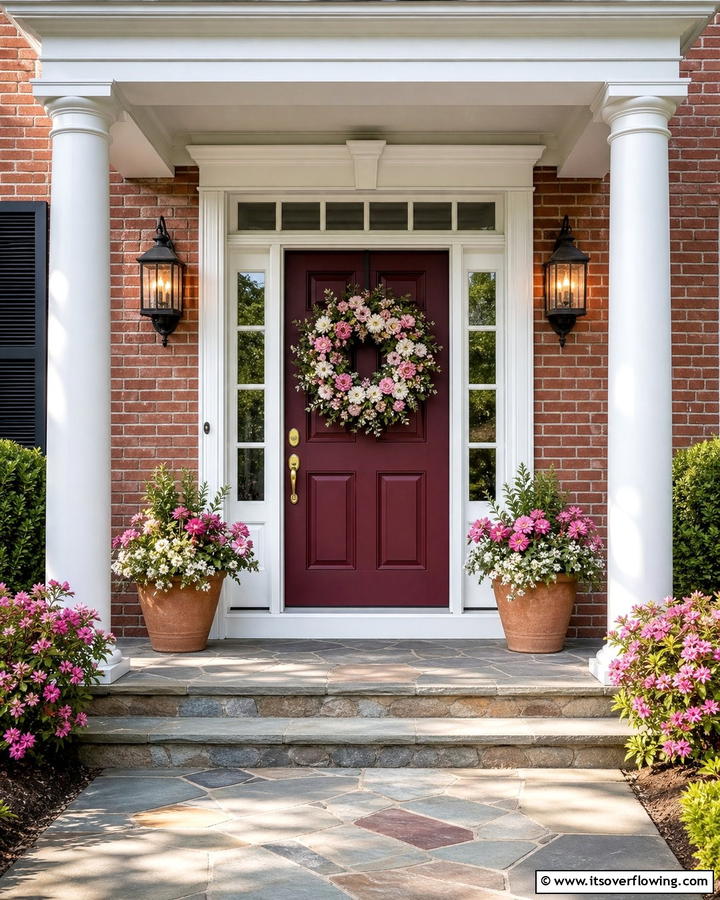 Burgundy Door with Floral Wreaths - 20 Elegant Burgundy Front Door Ideas for Your Home