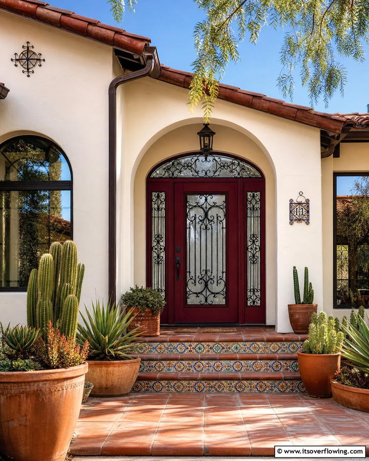 Burgundy Door with Glass Inserts and Iron Grilles - 20 Elegant Burgundy Front Door Ideas for Your Home