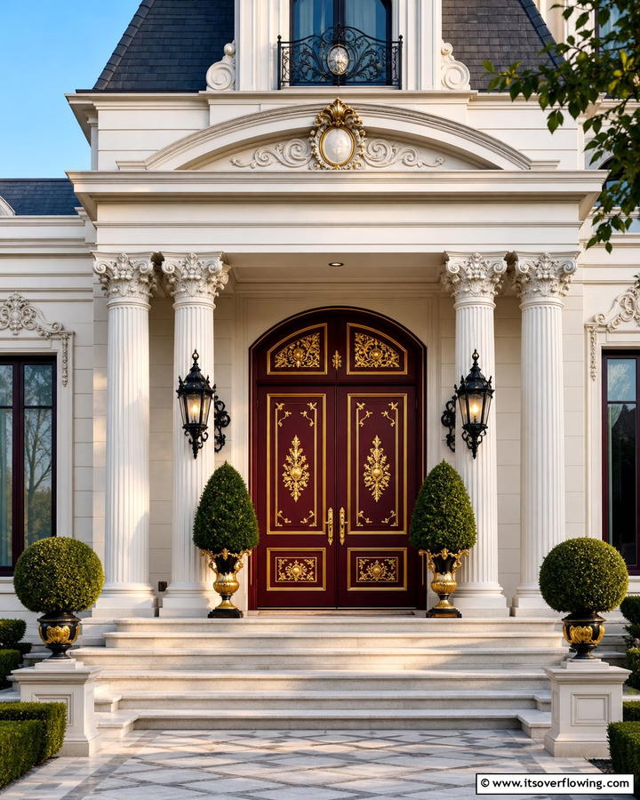 Burgundy Door with Gold Leaf Detailing - 20 Elegant Burgundy Front Door Ideas for Your Home