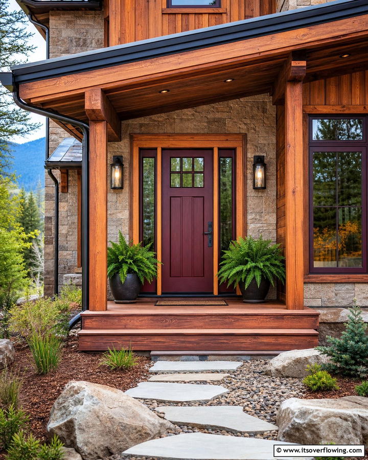 Burgundy Door with Natural Wood Frame - 20 Elegant Burgundy Front Door Ideas for Your Home