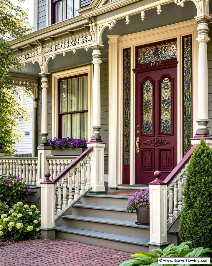 Burgundy Door with Stained Glass Accents - 20 Elegant Burgundy Front Door Ideas for Your Home