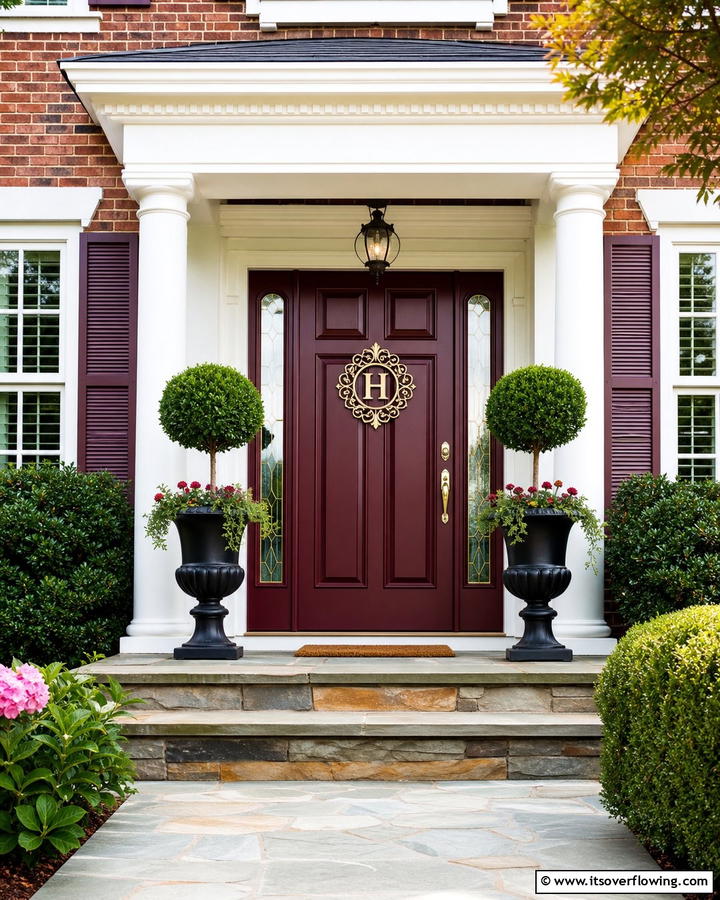 Burgundy Door with a Monogrammed Centerpiece - 20 Elegant Burgundy Front Door Ideas for Your Home