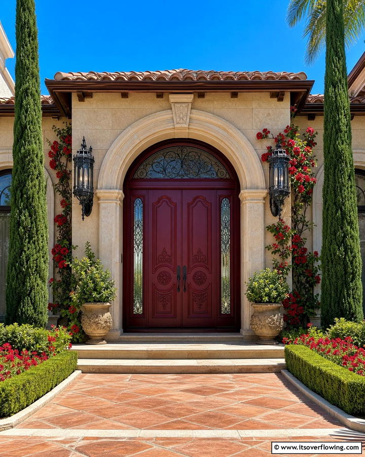 Burgundy Double Doors with Ornate Details - 20 Elegant Burgundy Front Door Ideas for Your Home