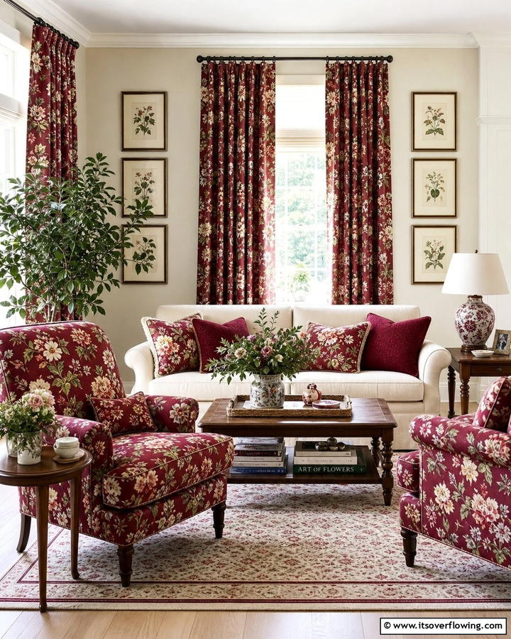 Burgundy Floral Patterns - 25 Burgundy Living Room Ideas for a Rich and Cozy Look
