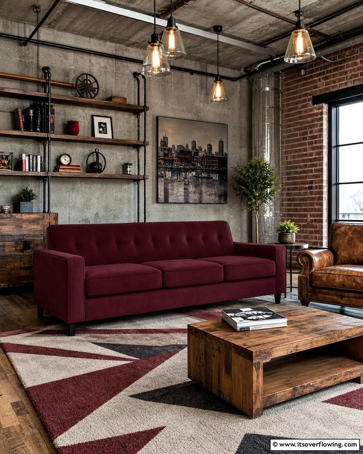 Burgundy Sofa in Industrial Interiors - 25 Stunning Burgundy Sofa Ideas for Your Living Room