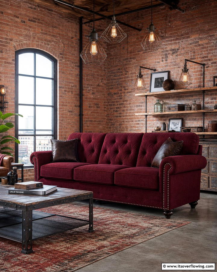 Burgundy Sofa in an Industrial Setting - 25 Stunning Burgundy Sofa Ideas for Your Living Room