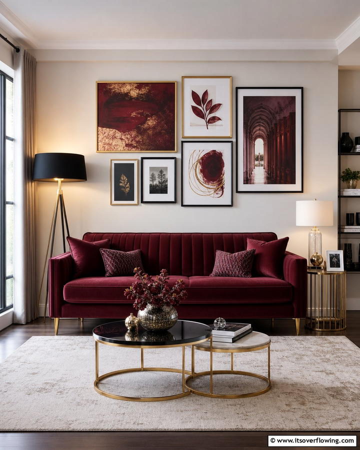 Burgundy Sofa with Artwork Displays - 25 Stunning Burgundy Sofa Ideas for Your Living Room