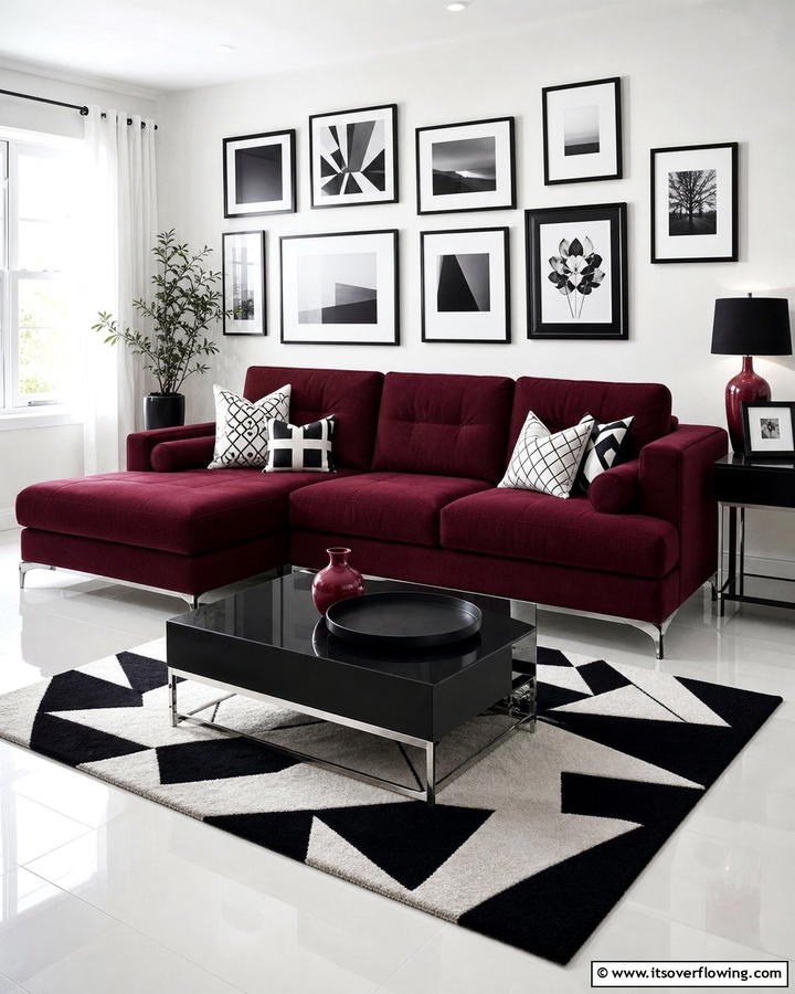 Burgundy Sofa with Black and White Decor - 25 Stunning Burgundy Sofa Ideas for Your Living Room
