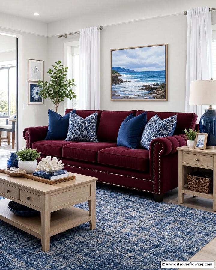 Burgundy Sofa with Blue Accents - 25 Stunning Burgundy Sofa Ideas for Your Living Room