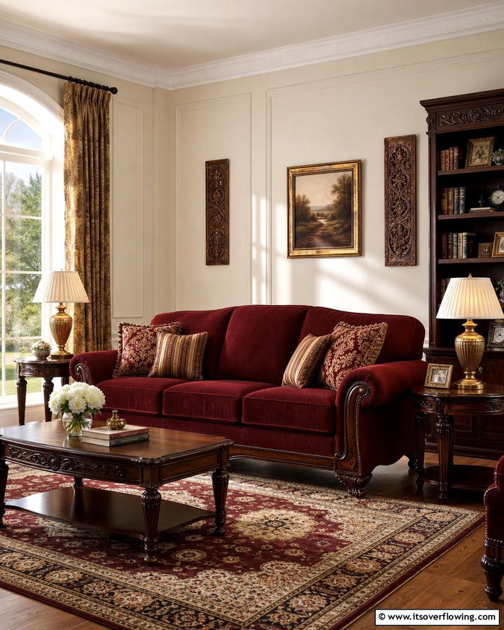 Burgundy Sofa with Dark Wood Elements - 25 Stunning Burgundy Sofa Ideas for Your Living Room