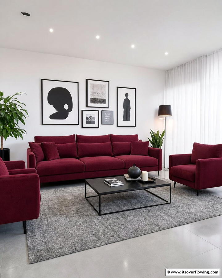 Burgundy Sofa with Monochrome Decor - 25 Stunning Burgundy Sofa Ideas for Your Living Room