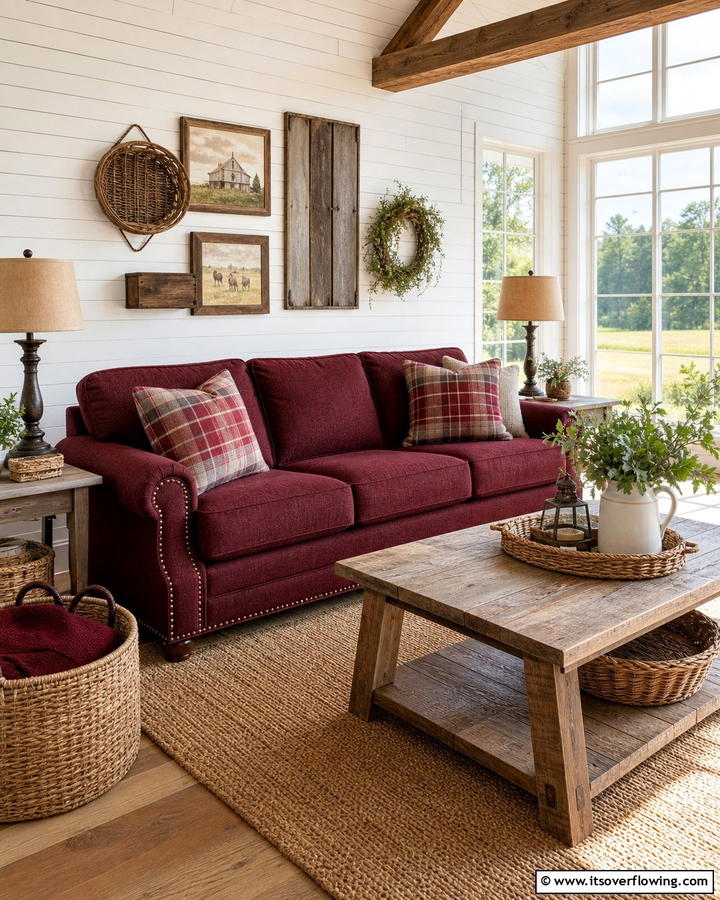 Burgundy Sofa with Rustic DecorExact - 25 Stunning Burgundy Sofa Ideas for Your Living Room