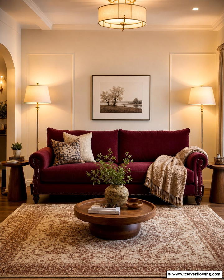 Burgundy Sofa with Warm Lighting - 25 Stunning Burgundy Sofa Ideas for Your Living Room