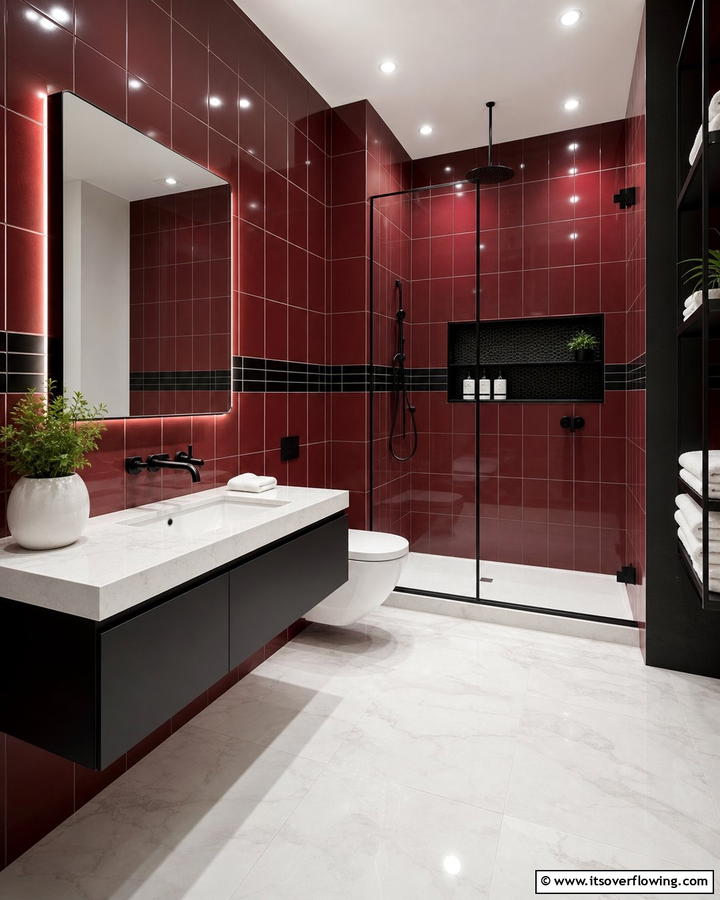 Burgundy Tiles with Black Accents - 25 Elegant Burgundy Bathroom Ideas for a Luxe Look