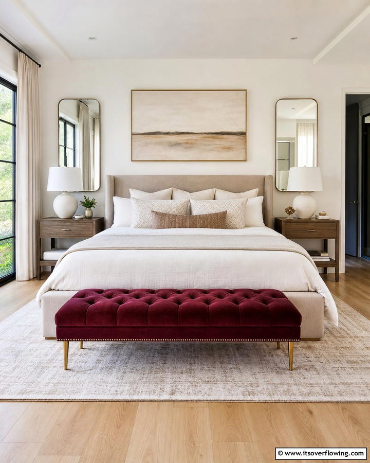 Burgundy Upholstered Benches - 20 Luxurious Burgundy Bedroom Ideas for a Cozy Retreat