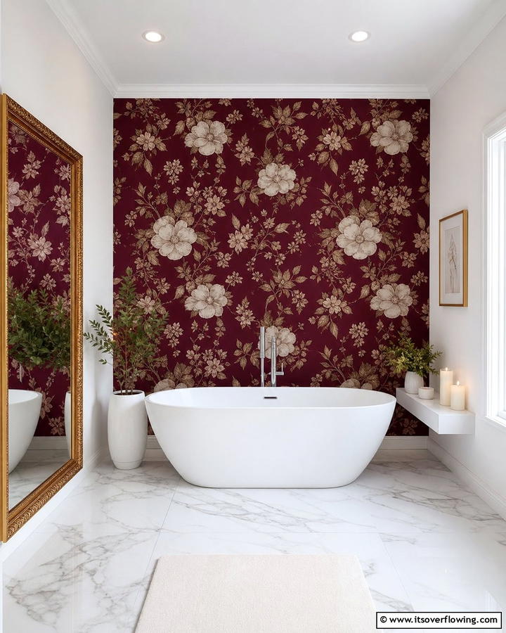 Burgundy Wallpaper Accents - 25 Elegant Burgundy Bathroom Ideas for a Luxe Look