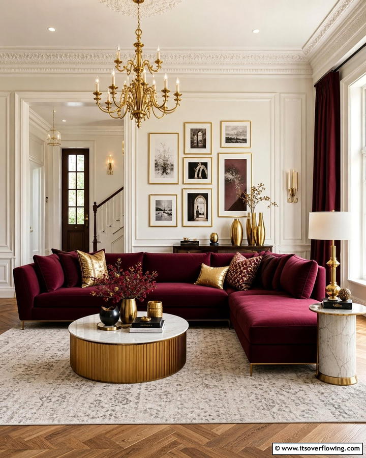 Burgundy and Gold Accents - 25 Burgundy Living Room Ideas for a Rich and Cozy Look