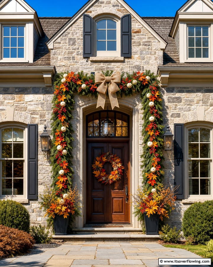 Burlap Bow and Garland - 25 Front Door Fall Decor Ideas for a Welcoming Entrance