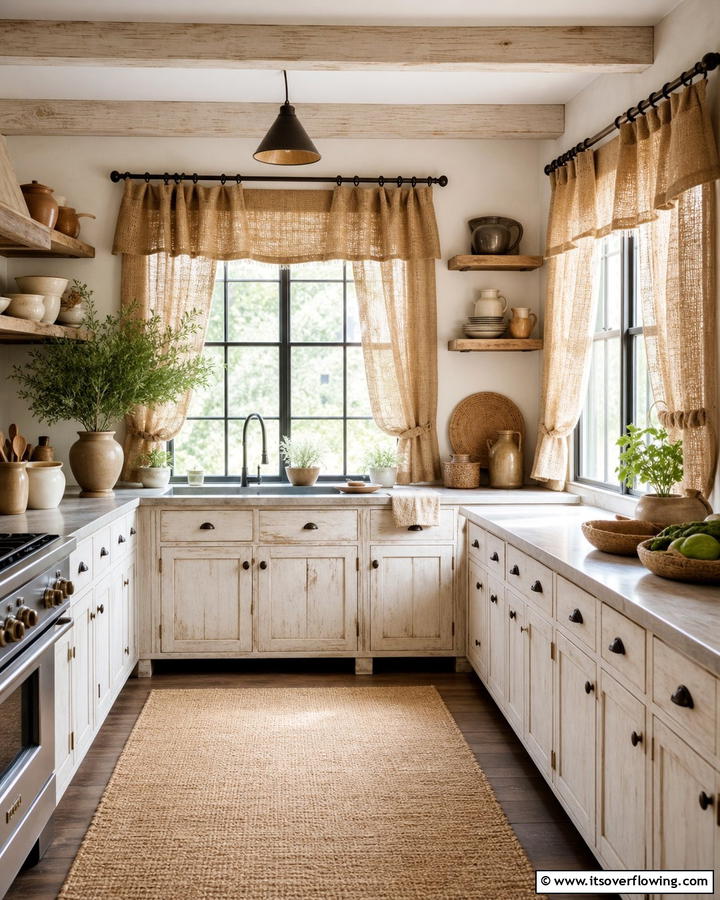 Burlap Curtains - 20 Primitive Kitchen Ideas for a Rustic Charm