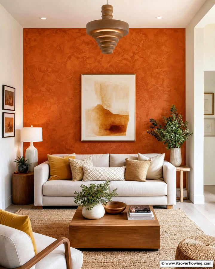 Burnt Orange Accent WallOne - 25 Burnt Orange Living Room Ideas for a Warm Ambiance