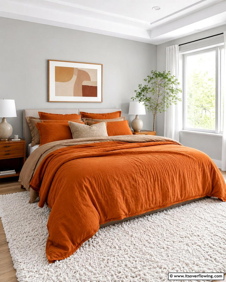 Burnt Orange Bedding Layers - 30 Warm Burnt Orange Bedroom Designs for Cozy Autumn Vibes